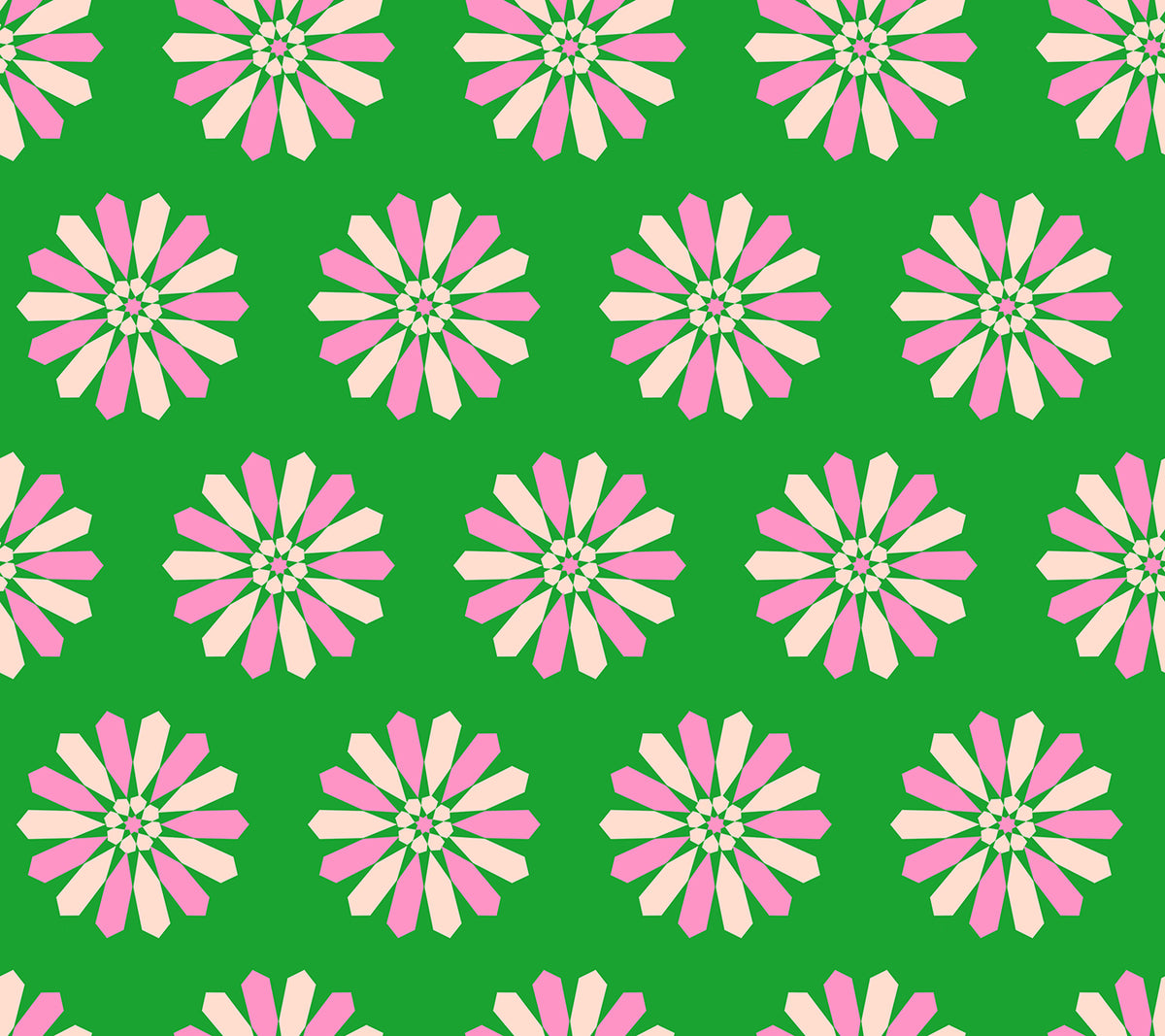 Ruby Star Society Sparkle Mart quilting cotton swatch (RS0119-15) with pink daisies on green, a print in the precut layer cake and charm pack