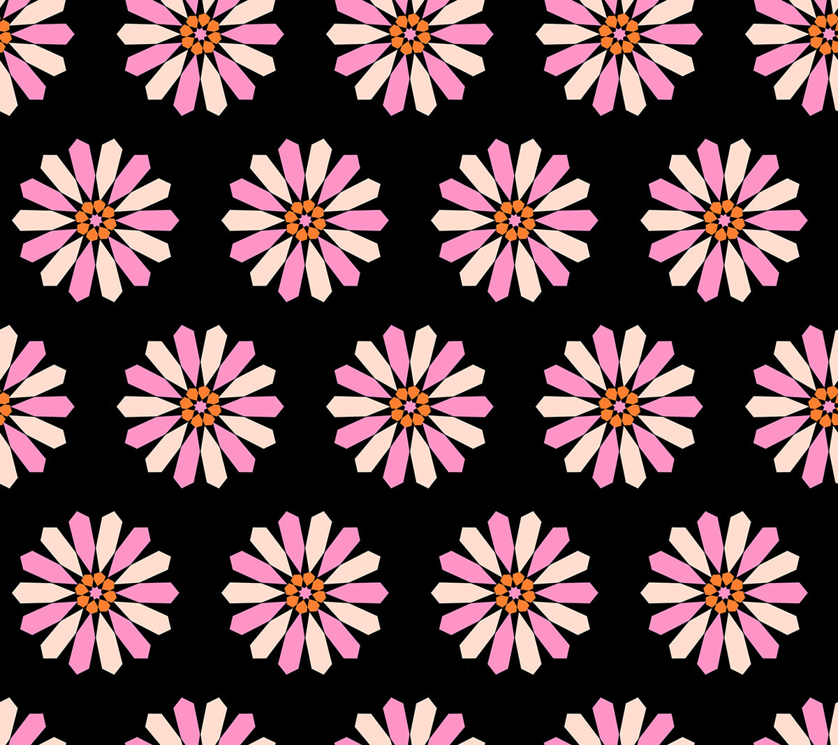 Ruby Star Society Sparkle Mart quilting cotton swatch (RS0119-17) with pink daisies on black, a print in the precut layer cake and charm pack