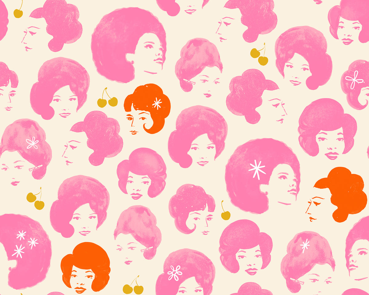 Ruby Star Society Sparkle Mart quilting cotton swatch (RS0120-11) with pink bouffant hairdos on cream, a print in the precut layer cake and charm pack