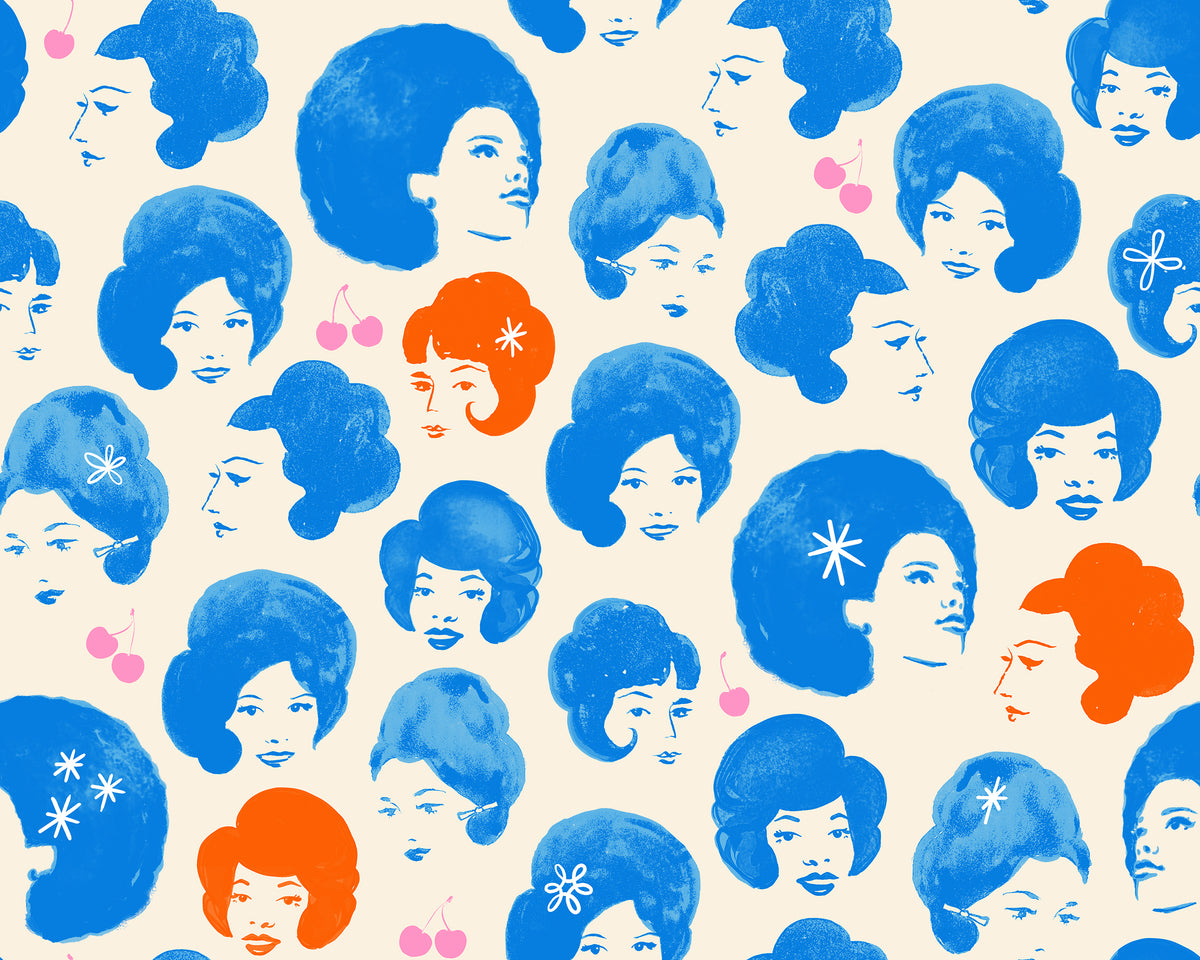 Ruby Star Society Sparkle Mart quilting cotton swatch (RS0120-12) with blue bouffant hairdos on cream, a print in the precut layer cake and charm pack
