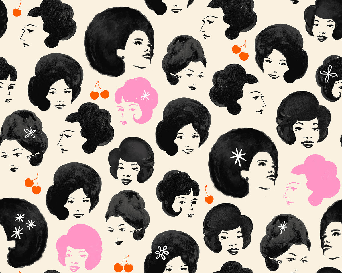Ruby Star Society Sparkle Mart quilting cotton swatch (RS0120-14) with black bouffant hairdos on cream, a print in the precut layer cake and charm pack