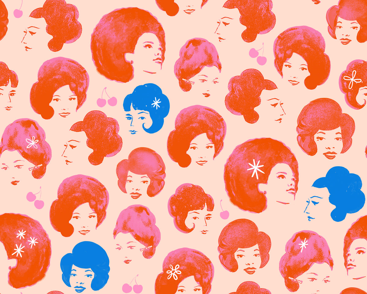 Ruby Star Society Sparkle Mart quilting cotton swatch (RS0120-15) with orange bouffant hairdos on cream, a print in the precut layer cake and charm pack