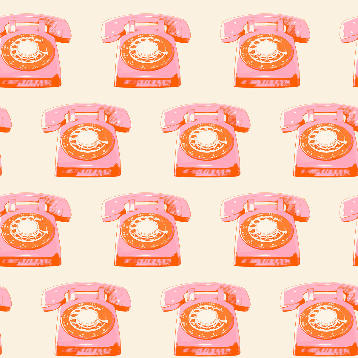 Ruby Star Society Sparkle Mart quilting cotton swatch (RS0121-11) with pink rotary telephones on cream, a print in the precut layer cake and charm pack
