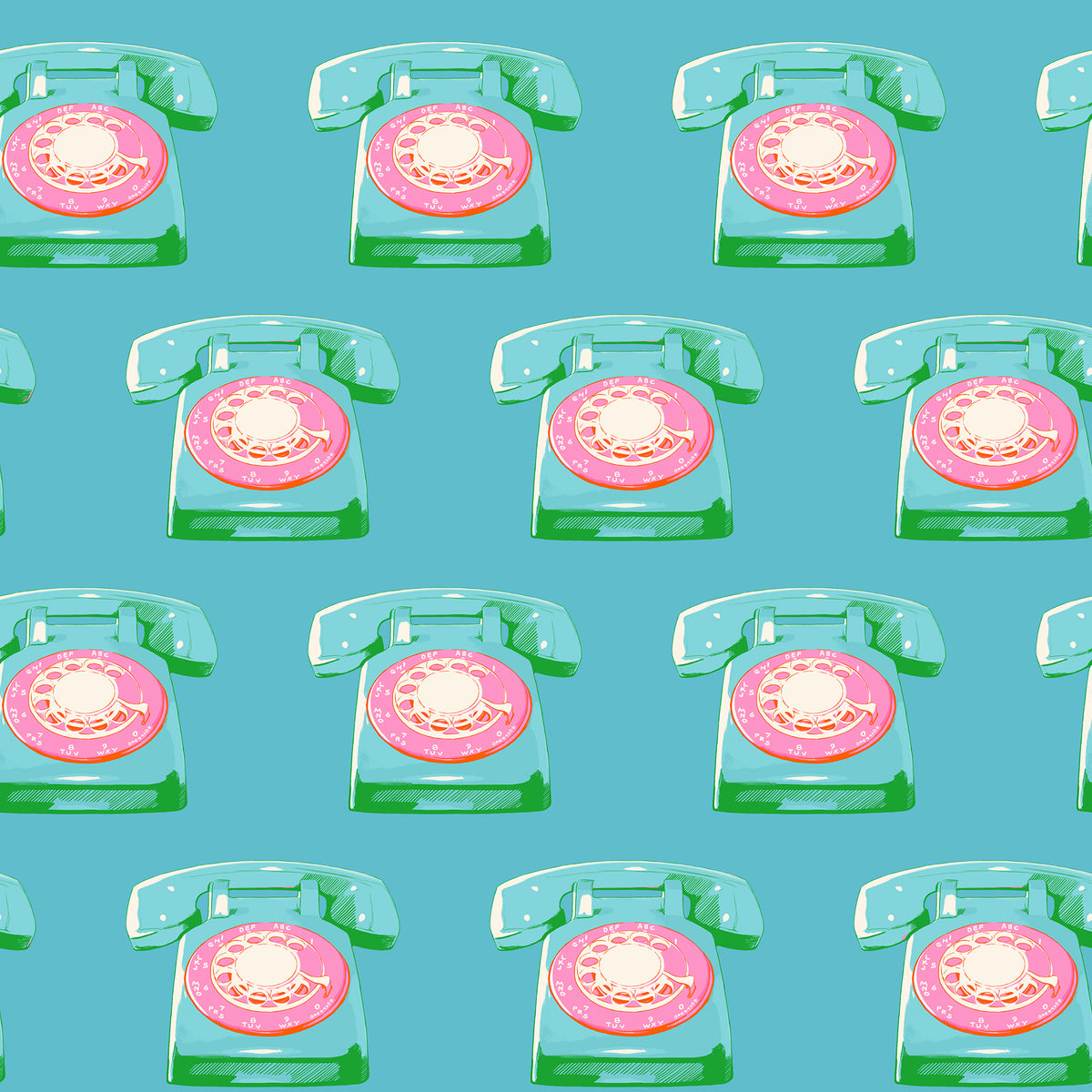 Ruby Star Society Sparkle Mart quilting cotton swatch (RS0121-16) with telephones on aqua, a print in the precut layer cake and charm pack
