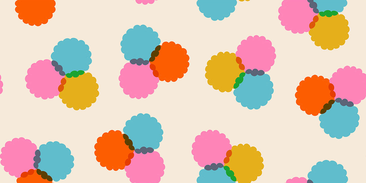 Ruby Star Society Sparkle Mart quilting cotton swatch (RS0122-11) with big bubble dots on cream, a print in the precut layer cake and charm pack