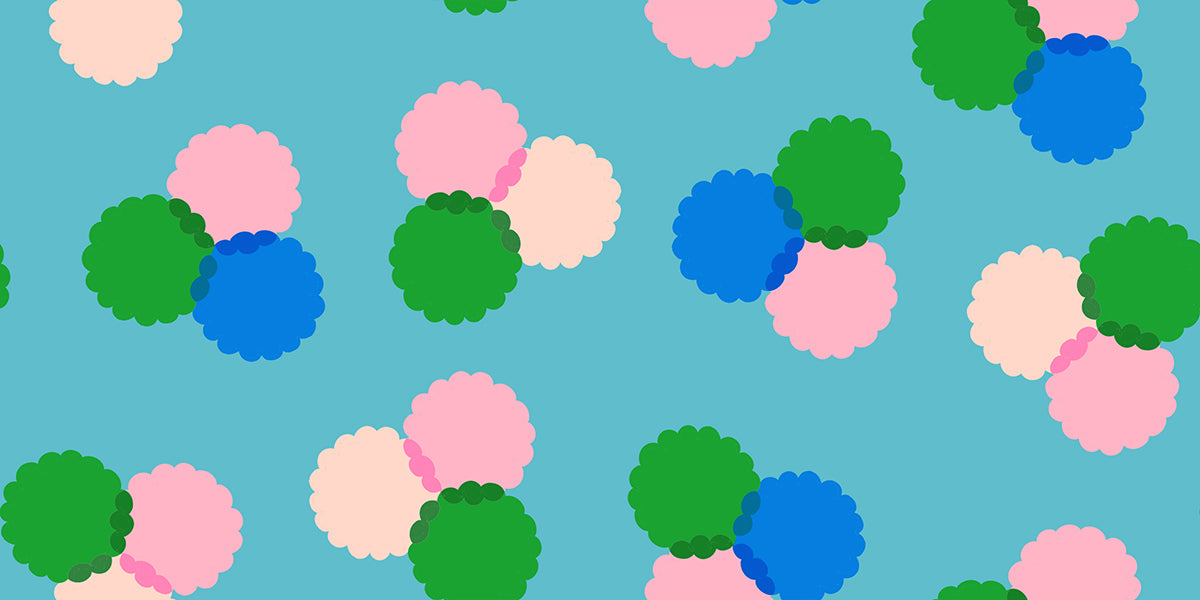 Ruby Star Society Sparkle Mart quilting cotton swatch (RS0122-13) with big bubble dots on aqua, a print in the precut layer cake and charm pack