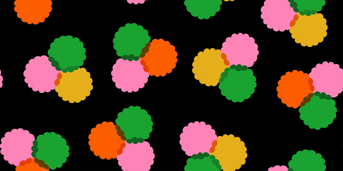 Ruby Star Society Sparkle Mart quilting cotton swatch (RS0122-16) with big bubble dots on black, a print in the precut layer cake and charm pack