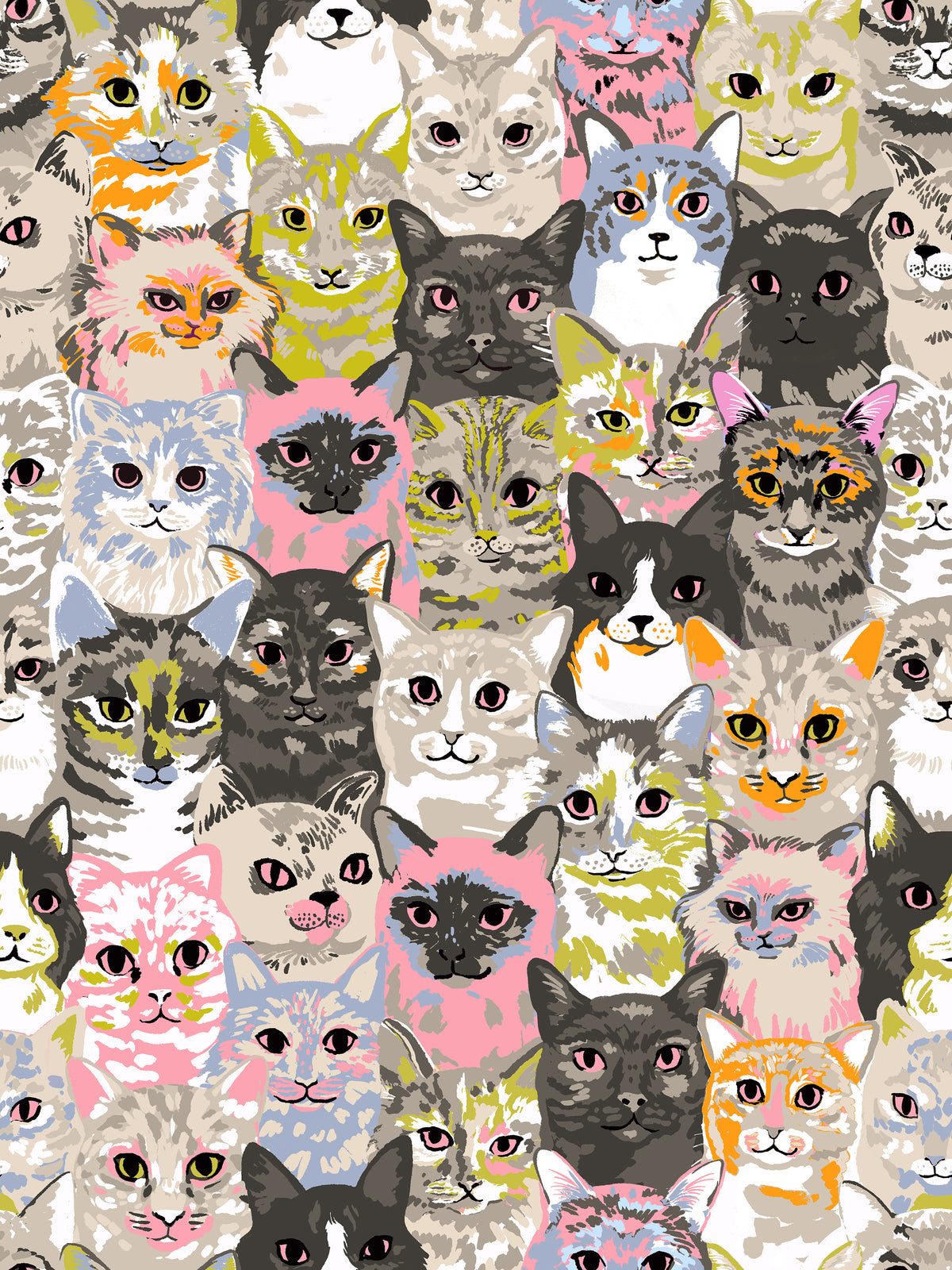 Ruby Star Society Oops All Cats quilting cotton swatch (RS2146-11) with grey and cream packed cat faces, a print in the precut layer cake and charm pack