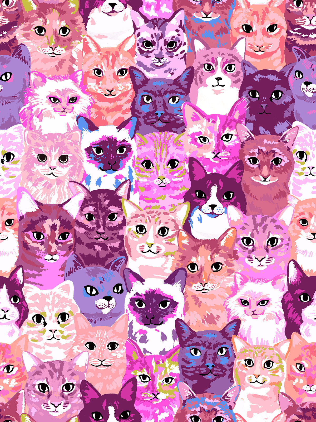 Ruby Star Society Oops All Cats quilting cotton swatch (RS2146-12) with pink and purple packed cat faces, a print in the precut layer cake and charm pack