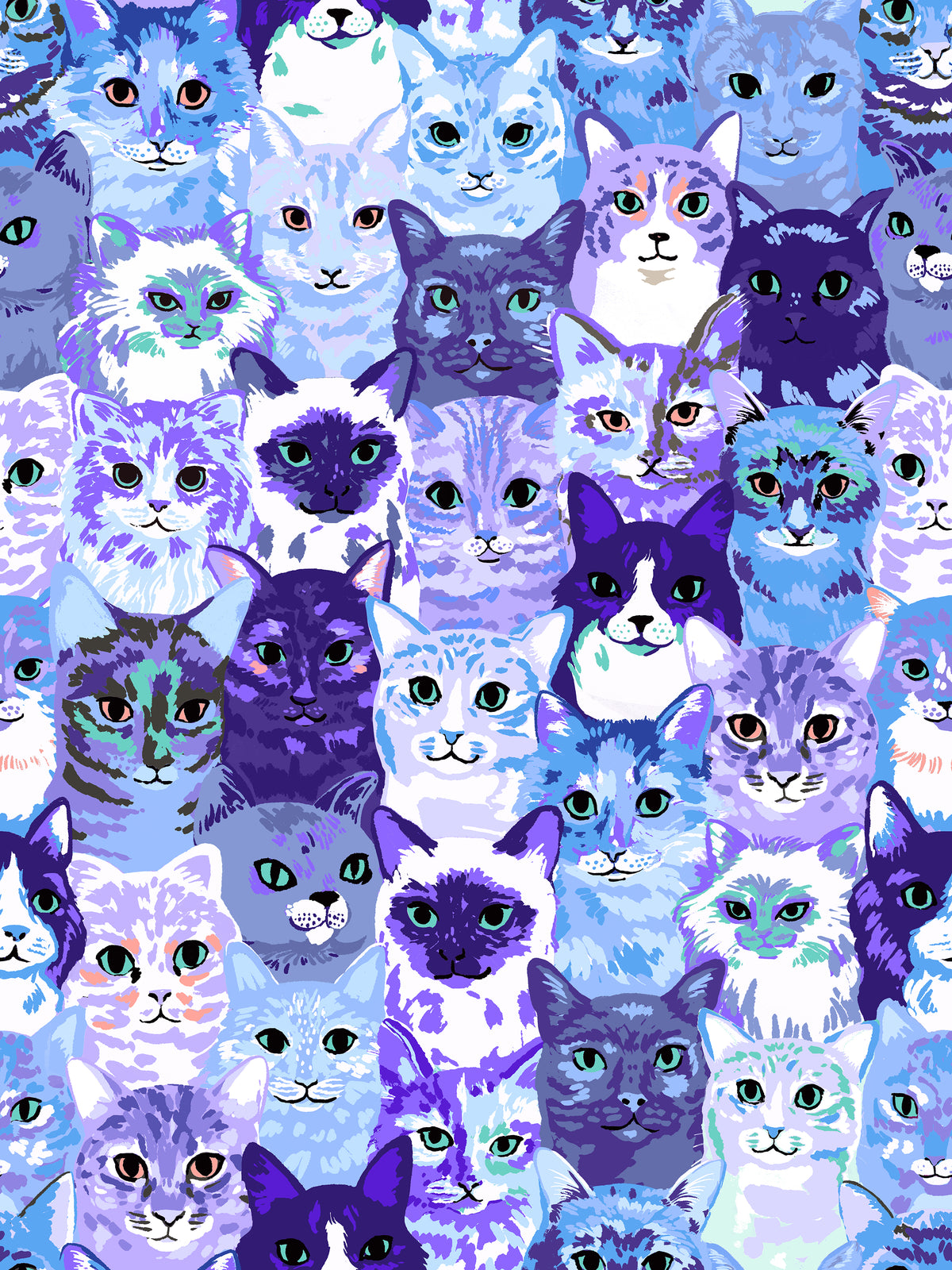 Ruby Star Society Oops All Cats quilting cotton swatch (RS2146-13) with lilac and blue packed cat faces, a print in the precut layer cake and charm pack