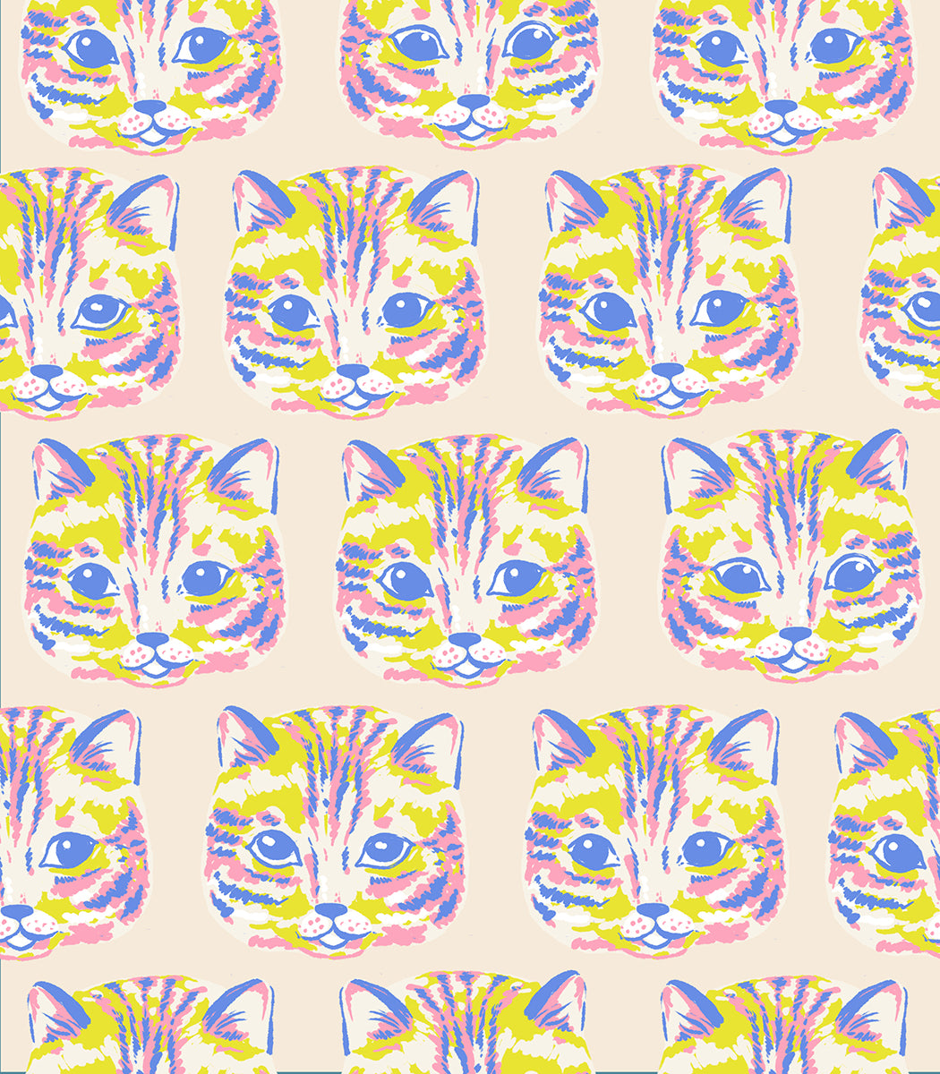 Ruby Star Society Oops All Cats quilting cotton swatch (RS2147-12) with lavender and yellow cat faces on cream, a print in the precut layer cake and charm pack