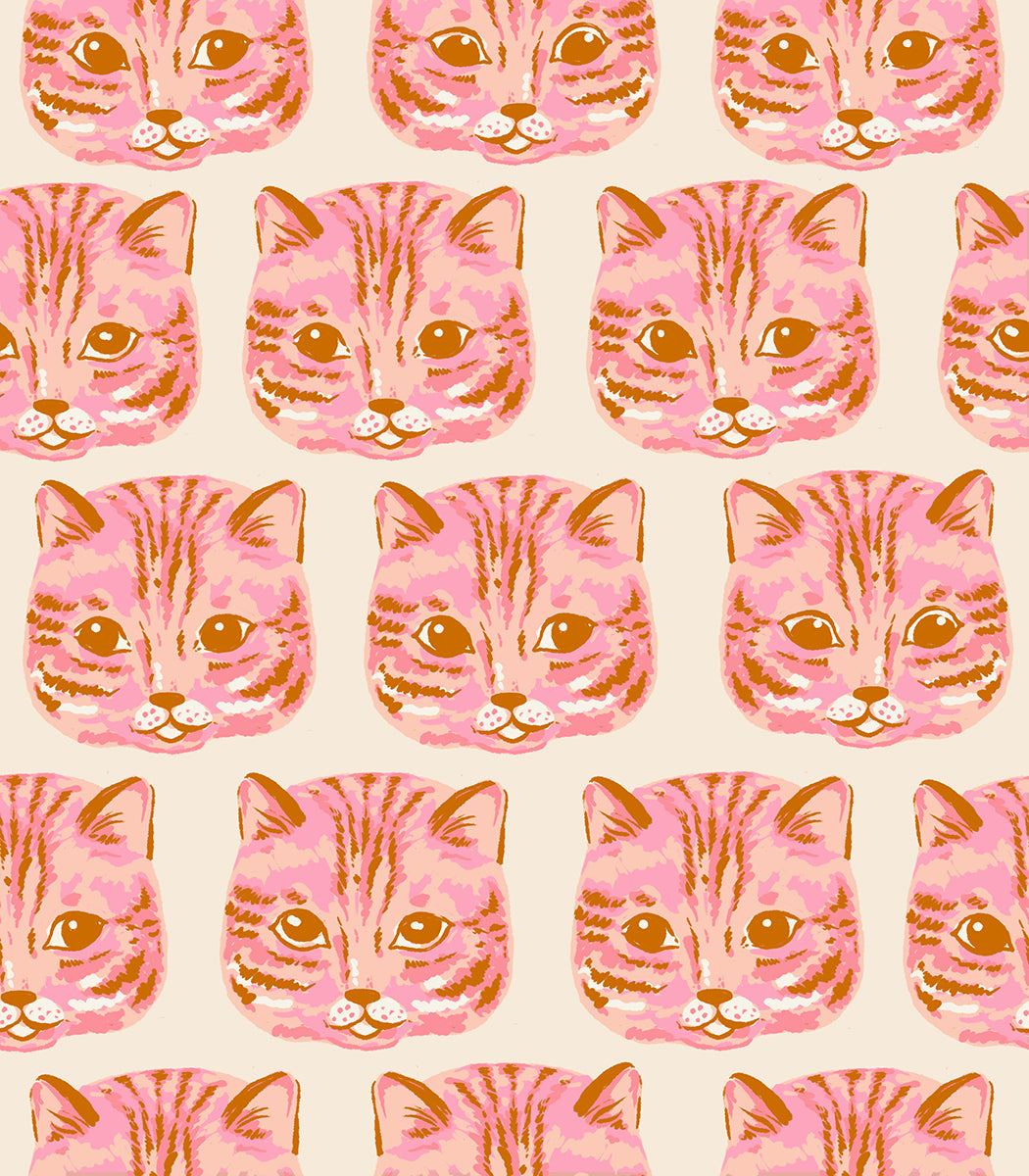 Ruby Star Society Oops All Cats quilting cotton swatch (RS2147-14) with coral tabby cat faces, a print in the precut layer cake and charm pack