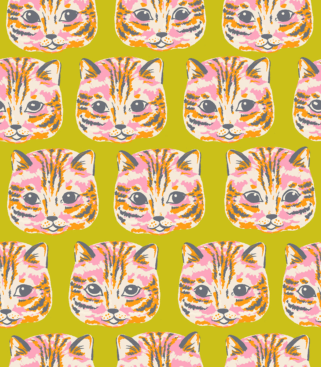 Ruby Star Society Oops All Cats quilting cotton swatch (RS2147-15) with pink and blue cat faces on chartreuse, a print in the precut layer cake and charm pack