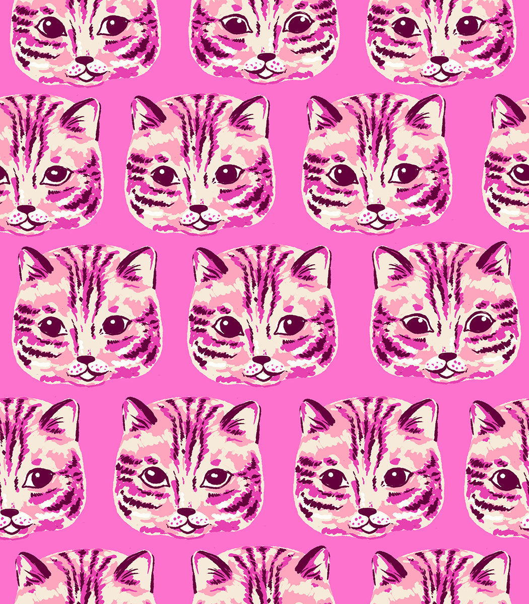 Ruby Star Society Oops All Cats quilting cotton swatch (RS2147-16) with grey tabby cat faces on hot pink, a print in the precut layer cake and charm pack
