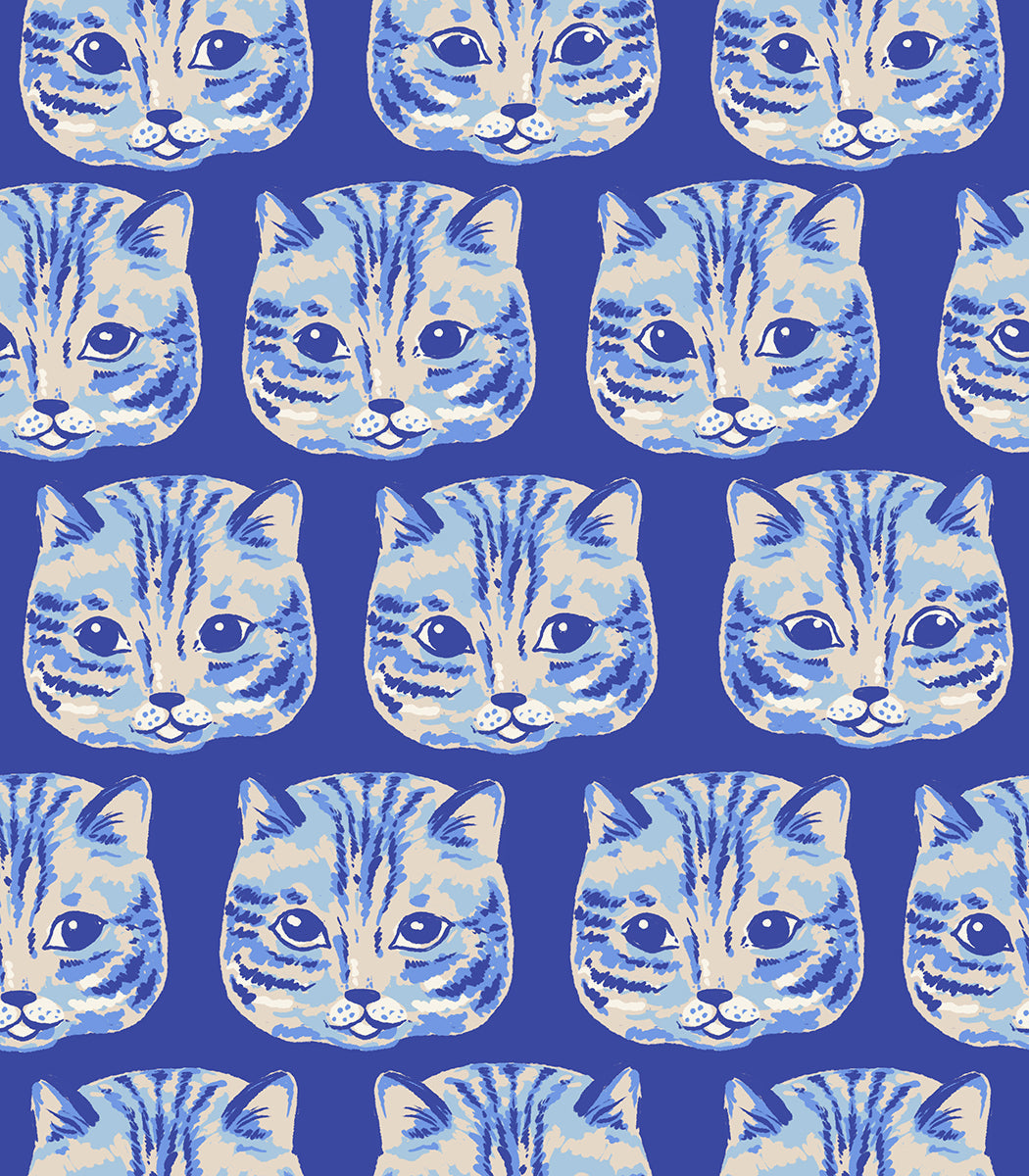Ruby Star Society Oops All Cats quilting cotton swatch (RS2147-18) with blue cat faces on cobalt, a print in the precut layer cake and charm pack