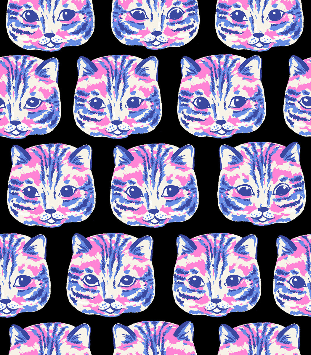 Ruby Star Society Oops All Cats quilting cotton swatch (RS2147-19) with blue cat faces on black, a print in the precut layer cake and charm pack