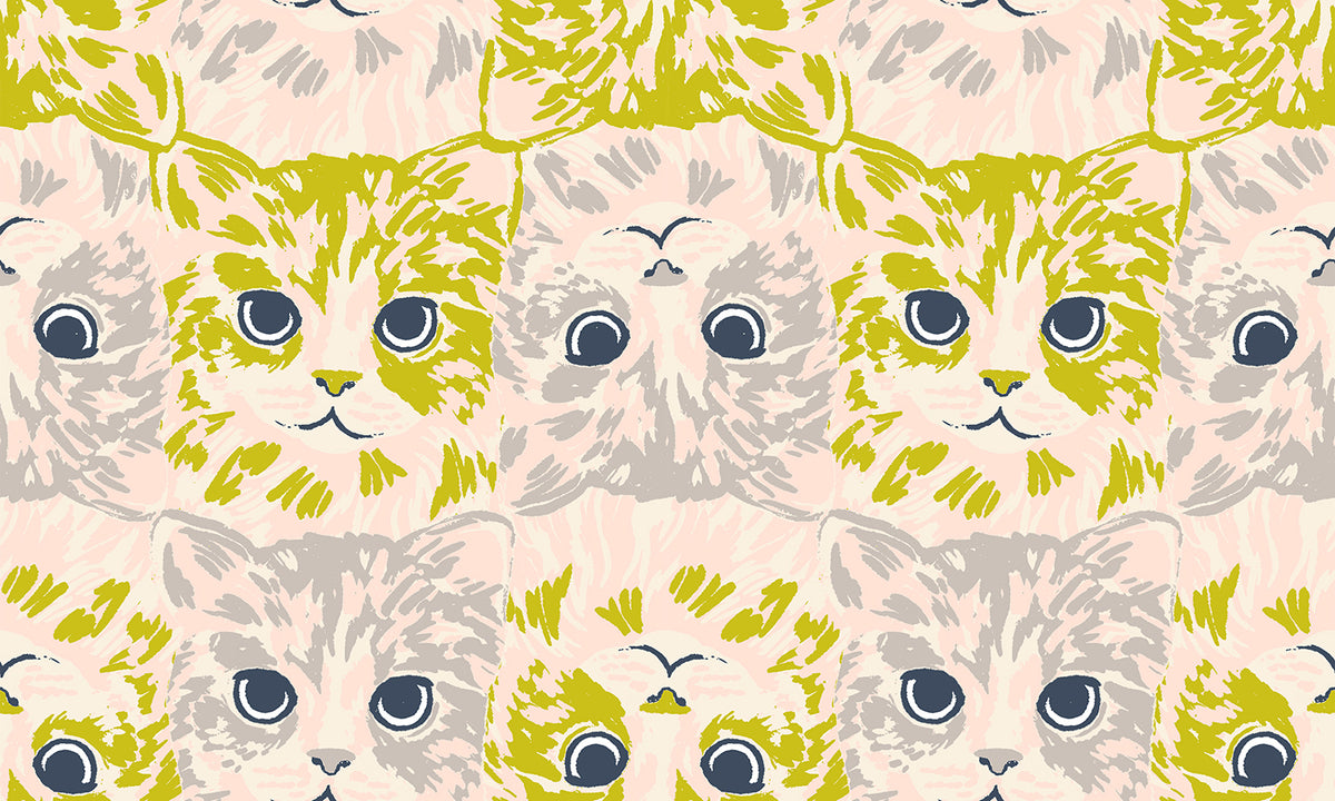 Ruby Star Society Oops All Cats quilting cotton swatch (RS2148-11) with yellow and grey cats in a check, a print in the precut layer cake and charm pack