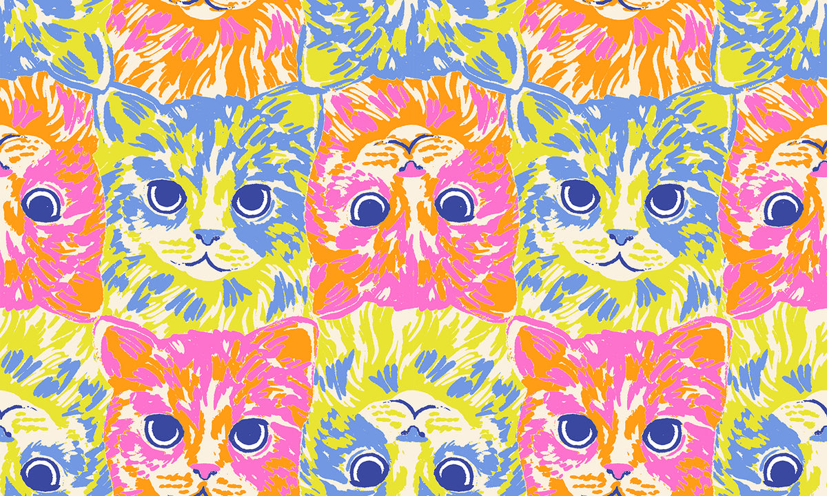 Ruby Star Society Oops All Cats quilting cotton swatch (RS2148-12) with pink and blue cats in a yellow grid, in the charm pack