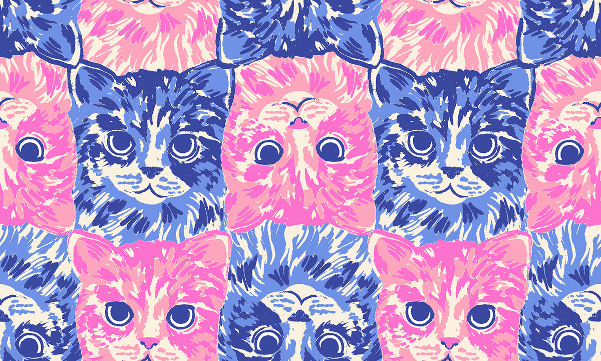 Ruby Star Society Oops All Cats quilting cotton swatch (RS2148-14) with blue cats in a pink grid, a print in the precut layer cake and charm pack