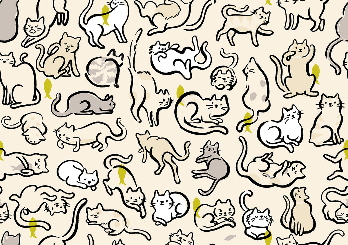 Ruby Star Society Oops All Cats quilting cotton swatch (RS2149-12) with cream line drawn cats tossed, a print in the precut layer cake and charm pack