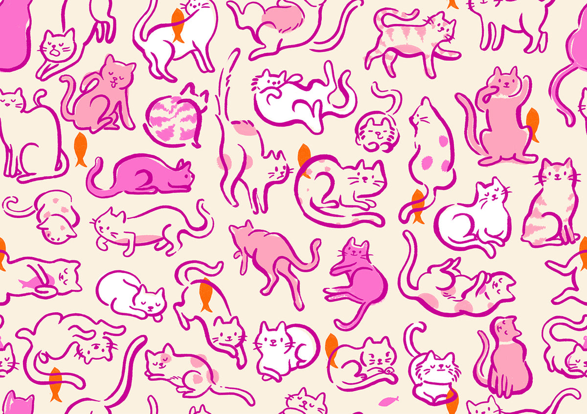 Ruby Star Society Oops All Cats quilting cotton swatch (RS2149-13) with pink line drawn cats on white, a print in the precut layer cake and charm pack