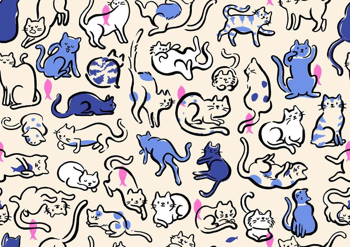 Ruby Star Society Oops All Cats quilting cotton swatch (RS2149-14) with blue and cream line drawn cats, a print in the precut layer cake and charm pack