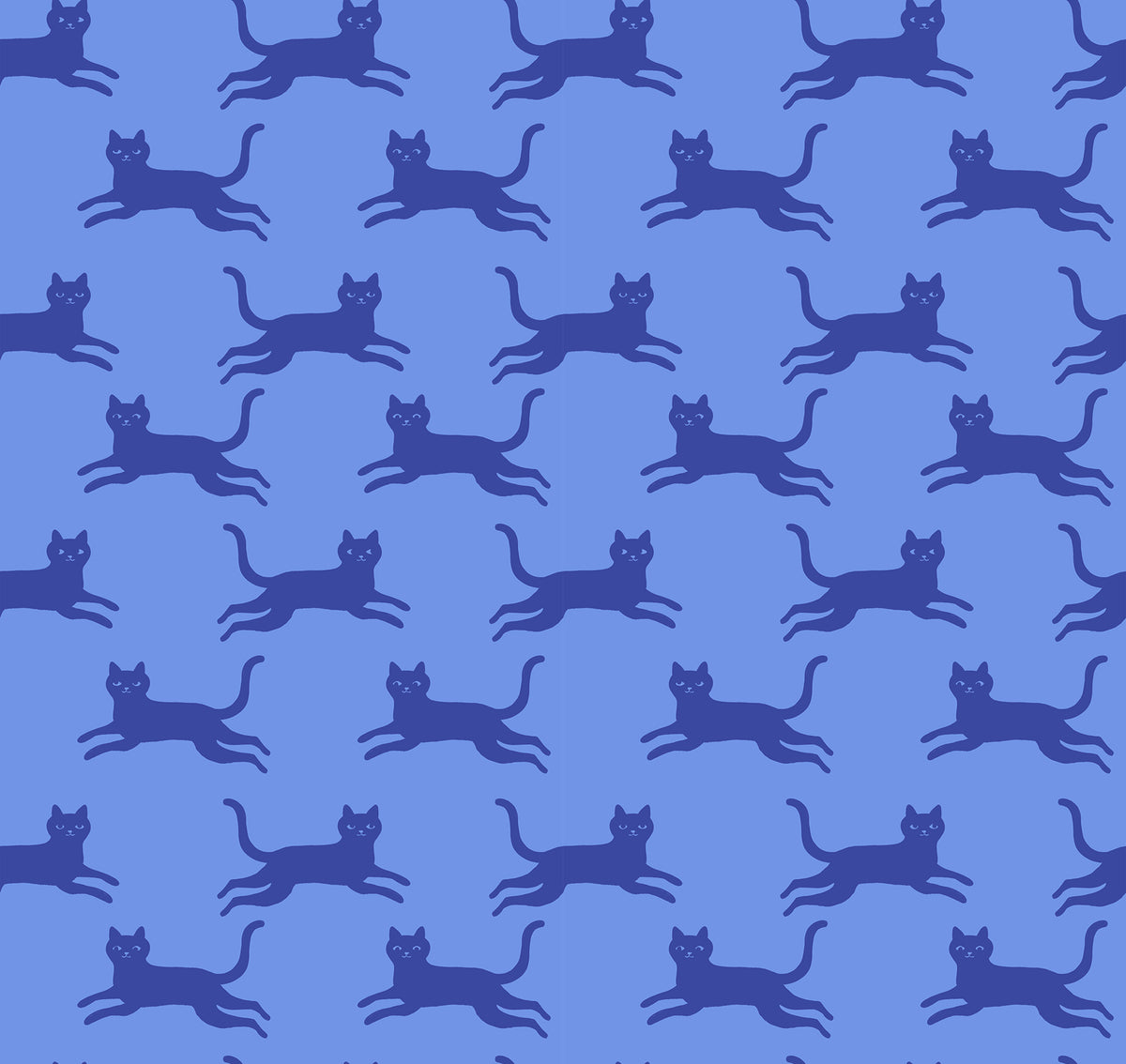Ruby Star Society Oops All Cats quilting cotton swatch (RS2150-18) with leaping cat silhouettes on periwinkle, a print in the precut layer cake and charm pack
