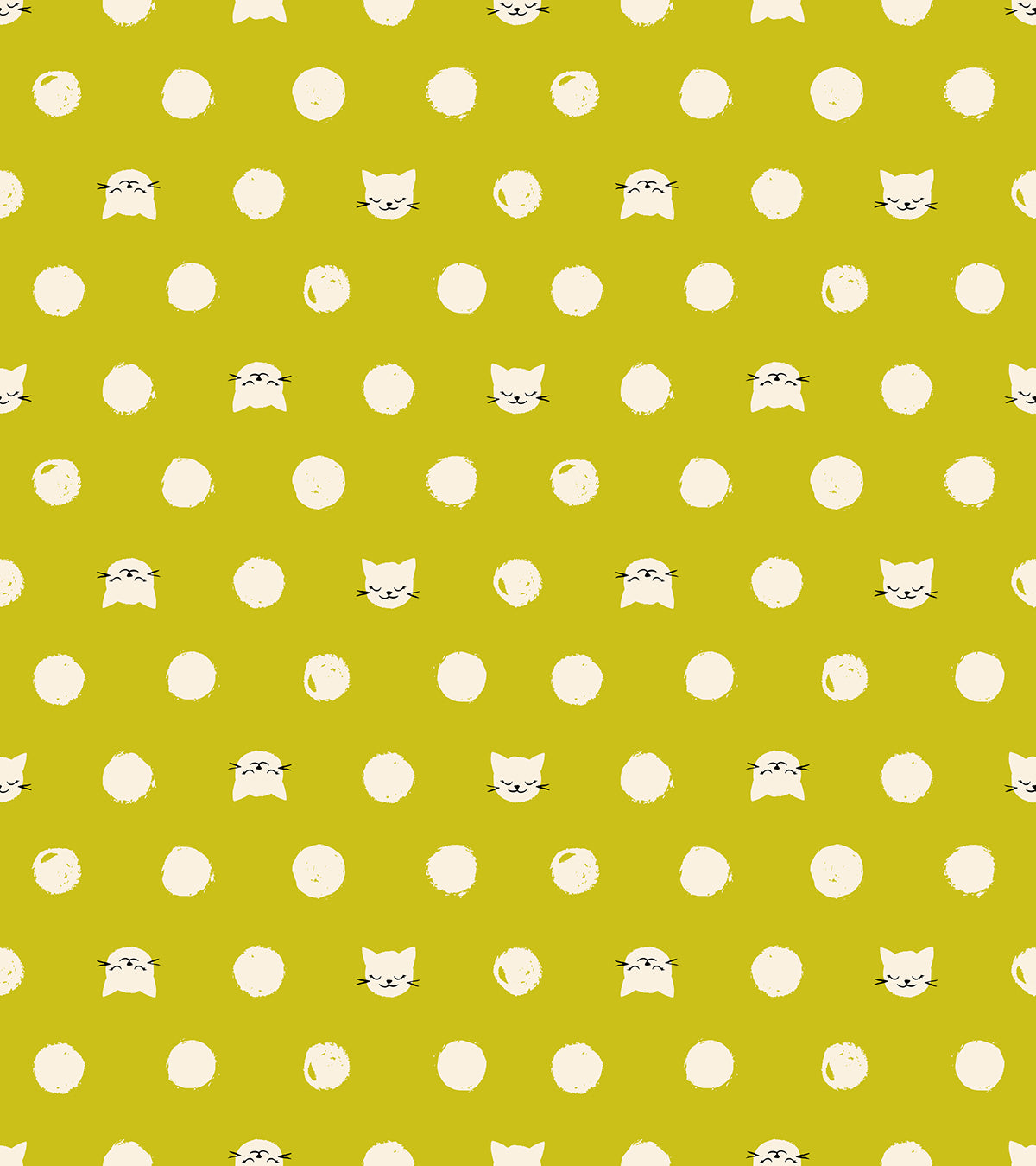 Ruby Star Society Oops All Cats quilting cotton swatch (RS2151-11) with white dots on chartreuse, a print in the precut layer cake and charm pack