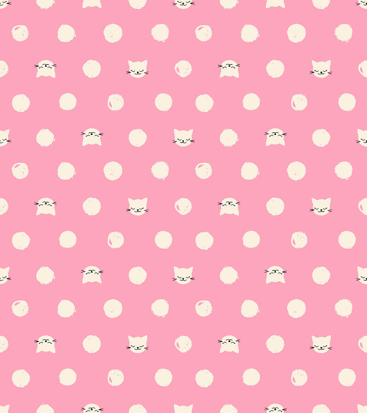 Ruby Star Society Oops All Cats quilting cotton swatch (RS2151-12) with white dots on pink, a print in the precut layer cake and charm pack