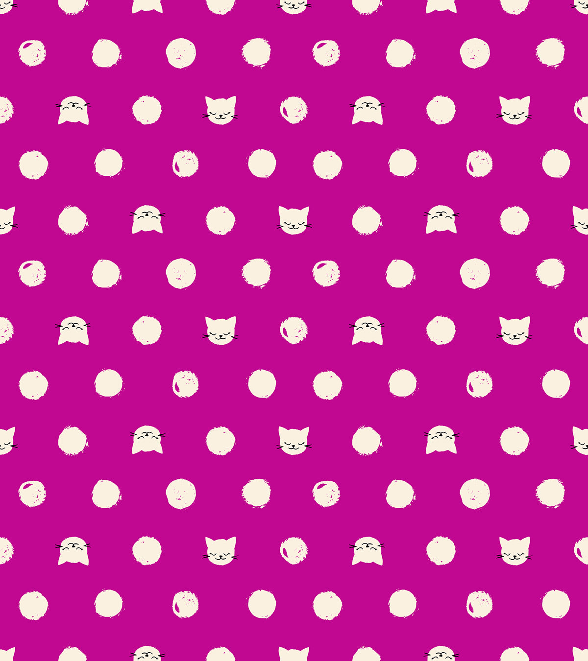 Ruby Star Society Oops All Cats quilting cotton swatch (RS2151-14) with white dots on magenta, a print in the precut layer cake and charm pack