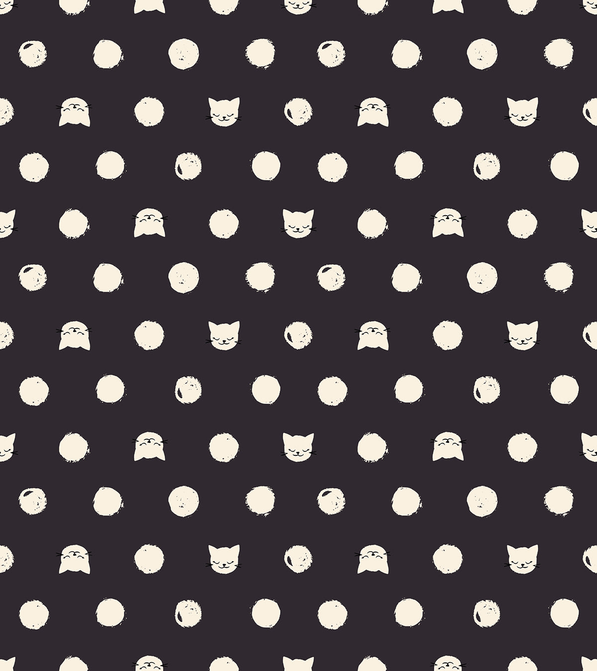 Ruby Star Society Oops All Cats quilting cotton swatch (RS2151-15) with white dots on black, a print in the precut layer cake and charm pack