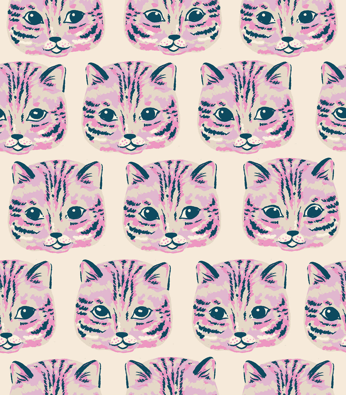 Ruby Star Society Oops All Cats quilting cotton swatch (RS2153-11) with tabby cat faces on cream, a print in the precut layer cake and charm pack
