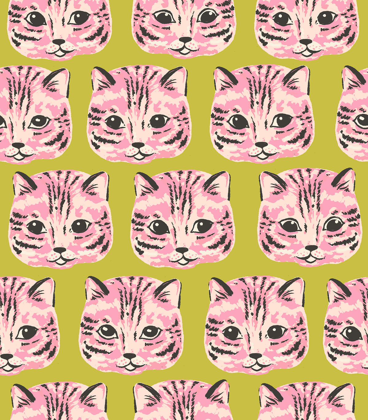 Ruby Star Society Oops All Cats quilting cotton swatch (RS2153-12) with pink tabby cats on olive, a print in the precut layer cake and charm pack