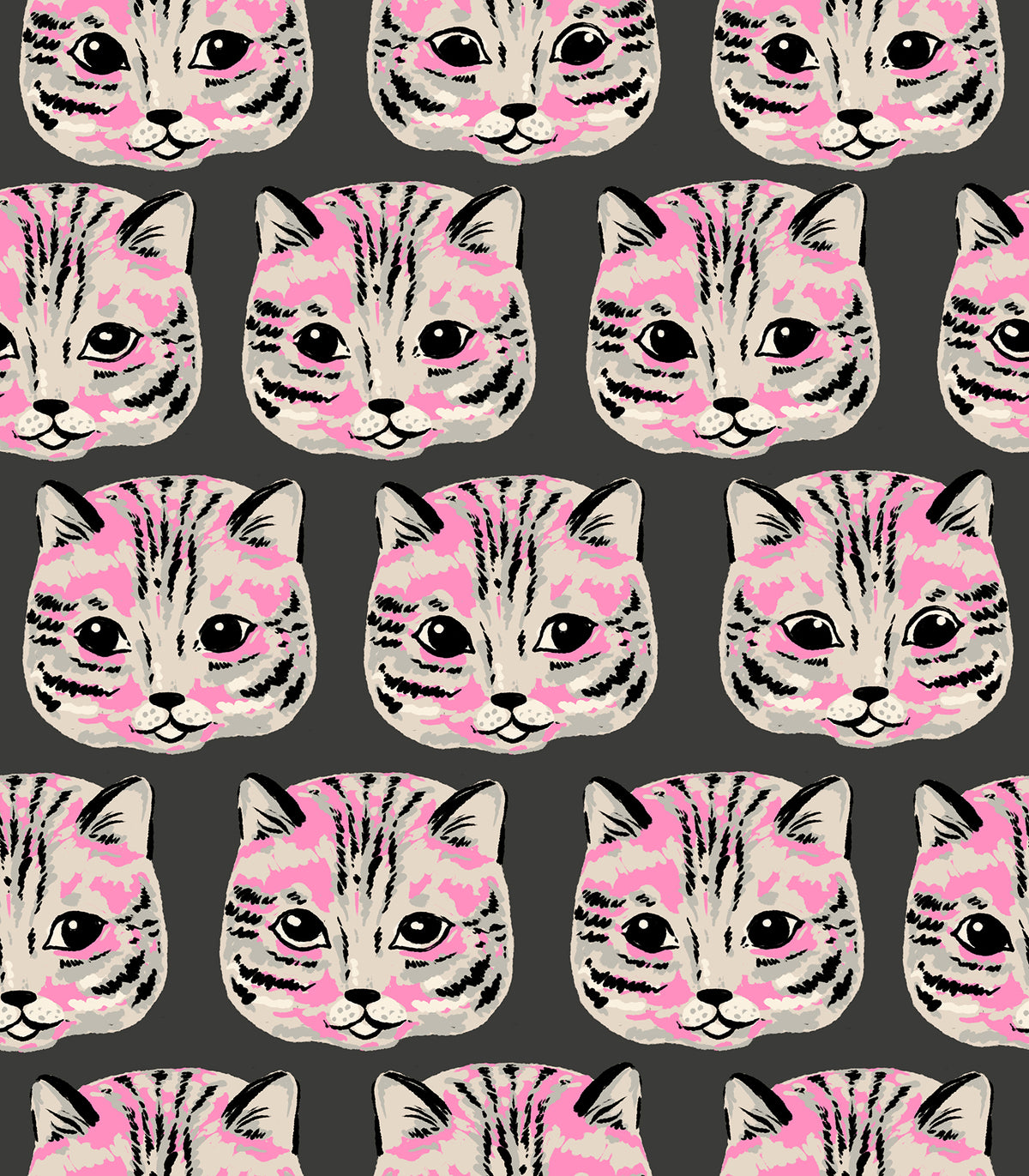Ruby Star Society Oops All Cats quilting cotton swatch (RS2153-14) with tabby cat faces on charcoal, a print in the precut layer cake and charm pack