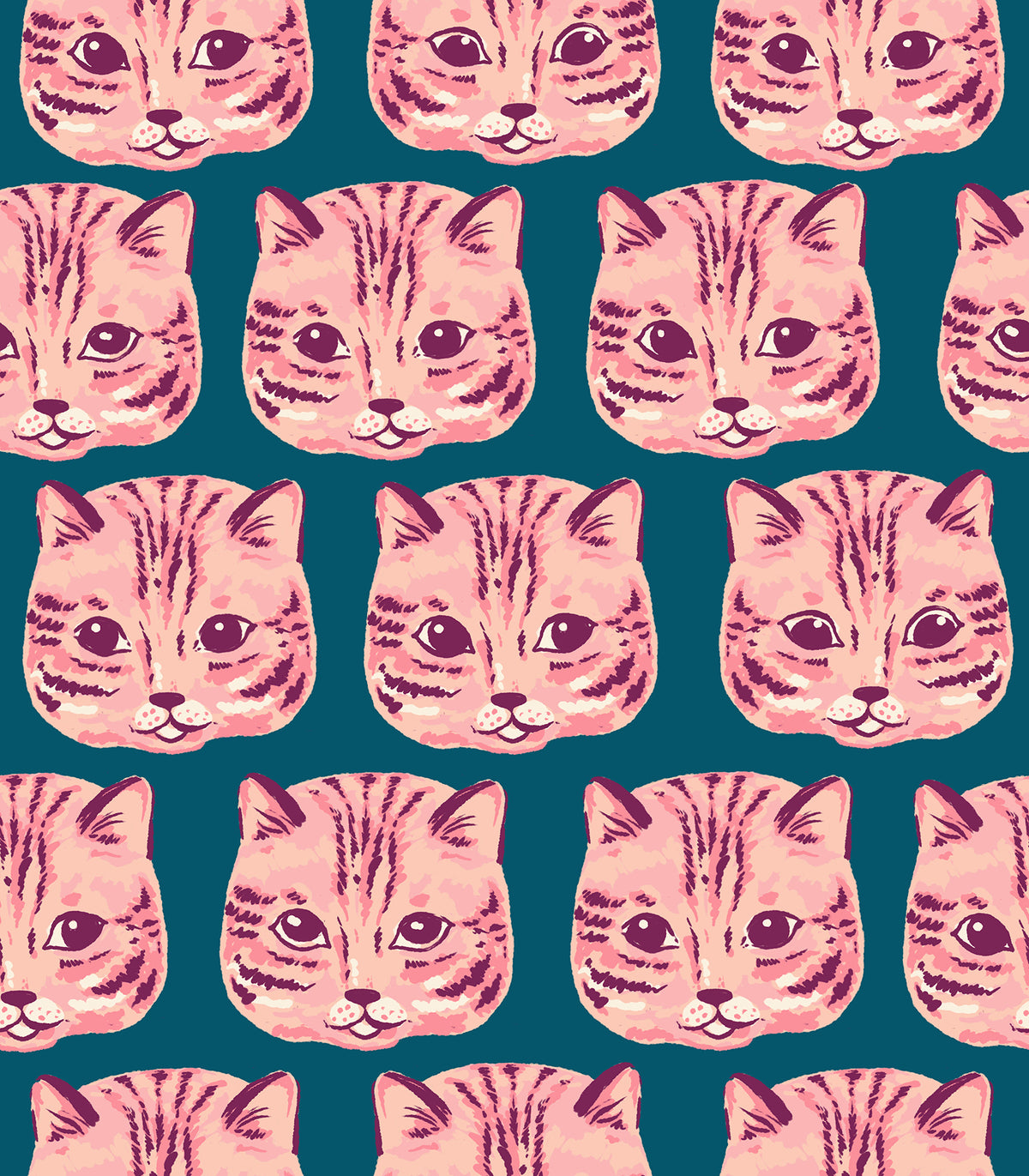 Ruby Star Society Oops All Cats quilting cotton swatch (RS2153-17) with pink tabby cats on teal, a print in the precut layer cake and charm pack