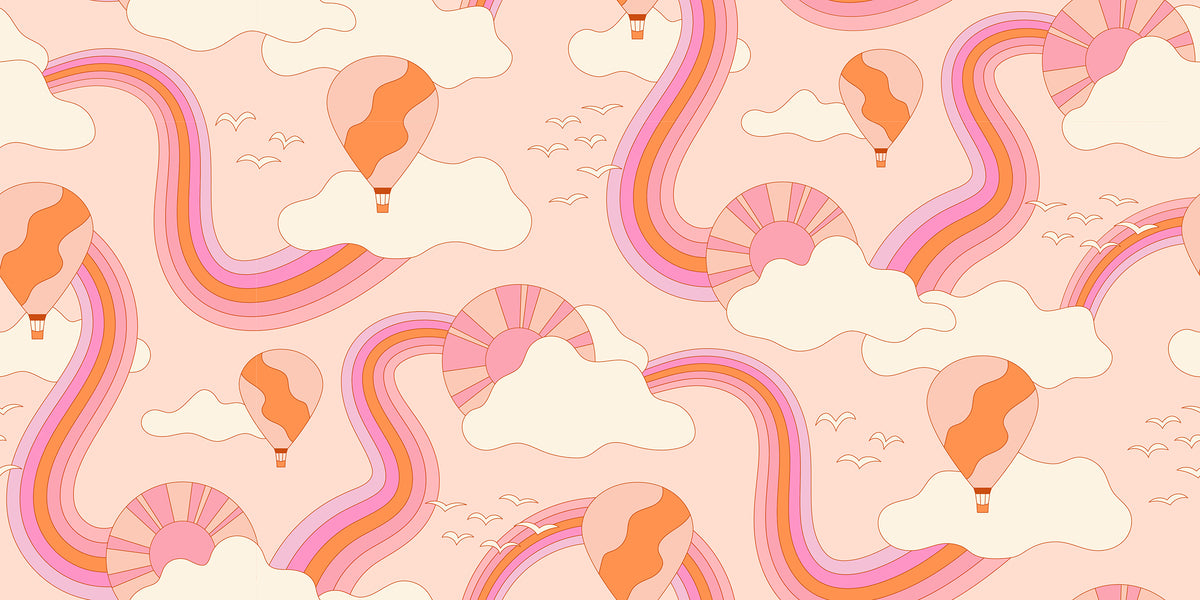 Ruby Star Society Sticker Book quilting cotton swatch (RS3117-11) with wavy pastel rainbows on blush, a print in the precut layer cake and charm pack