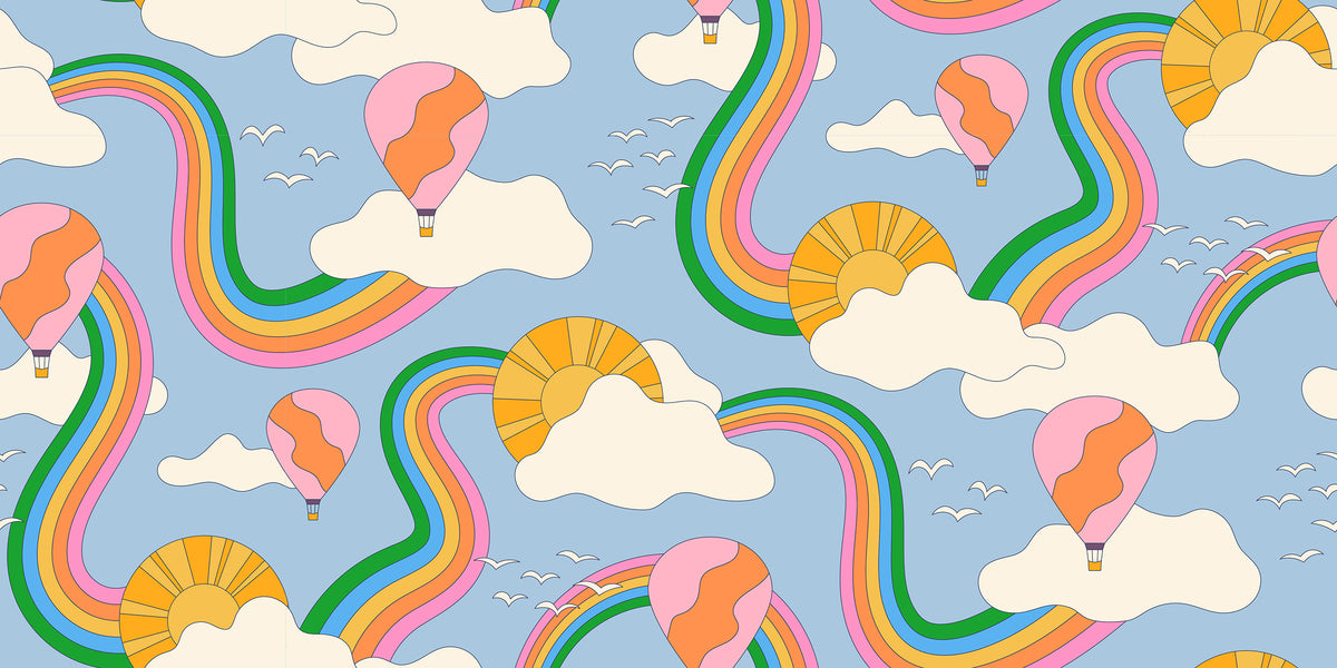 Ruby Star Society Sticker Book quilting cotton swatch (RS3117-13) with rainbows and clouds on blue, a print in the precut layer cake and charm pack