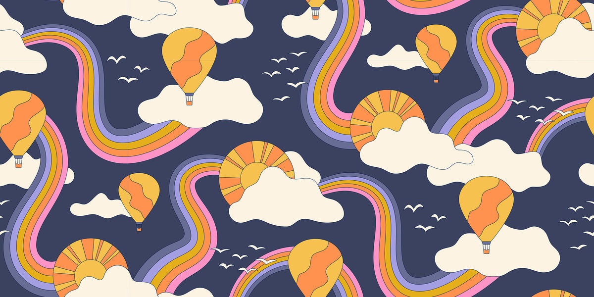 Ruby Star Society Sticker Book quilting cotton swatch (RS3117-17) with rainbows and clouds on navy, a print in the precut layer cake and charm pack