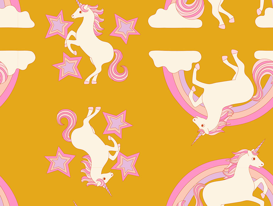 Ruby Star Society Sticker Book quilting cotton swatch (RS3118-11) with unicorns on mustard, a print in the precut layer cake and charm pack