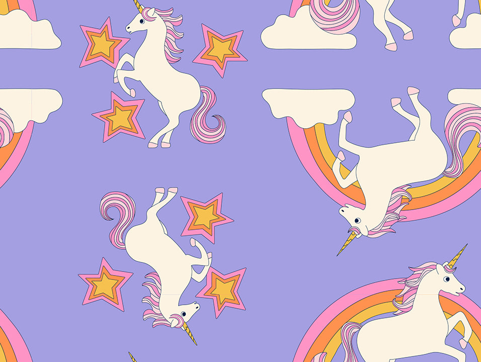 Ruby Star Society Sticker Book quilting cotton swatch (RS3118-14) with unicorns and rainbows on lilac, a print in the precut layer cake and charm pack