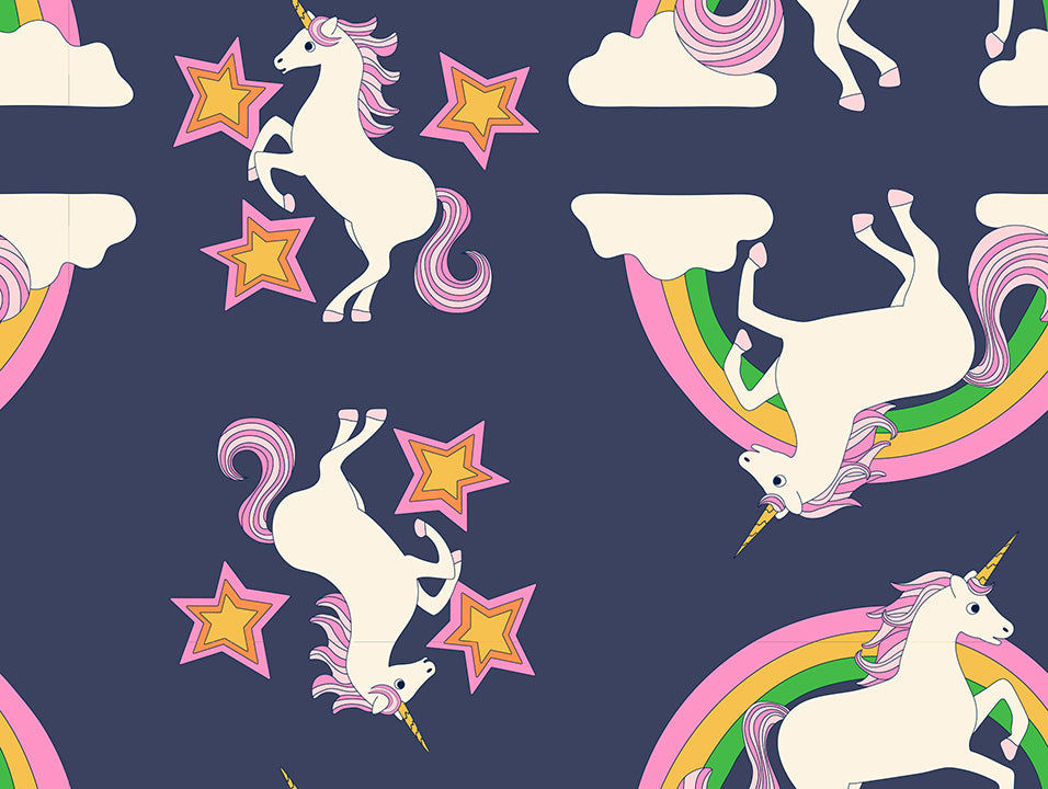 Ruby Star Society Sticker Book quilting cotton swatch (RS3118-16) with unicorns and rainbows on navy, a print in the precut layer cake and charm pack