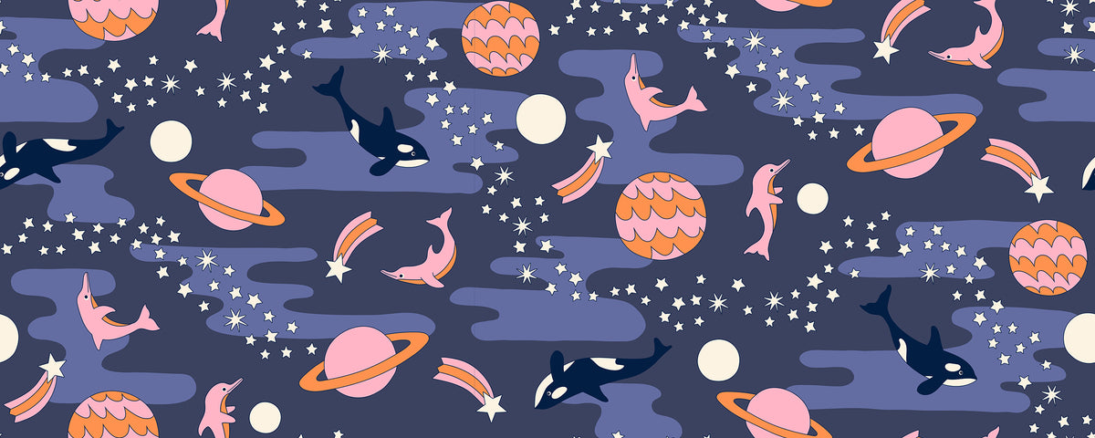Ruby Star Society Sticker Book quilting cotton swatch (RS3119-13) with tossed tiny stickers on navy, a print in the precut layer cake and charm pack