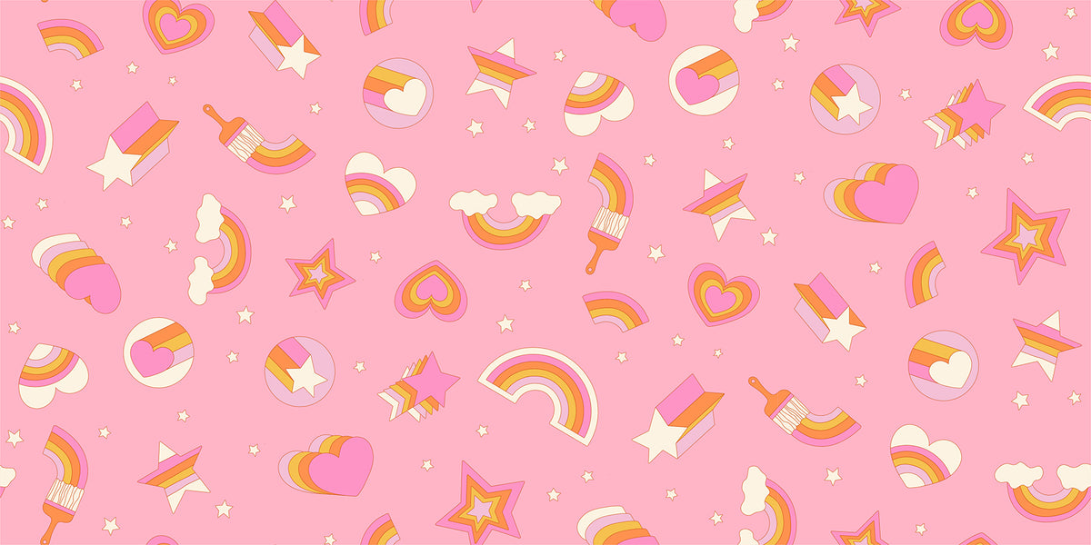 Ruby Star Society Sticker Book quilting cotton swatch (RS3121-12) with tiny tossed charms on pink, a print in the precut layer cake and charm pack