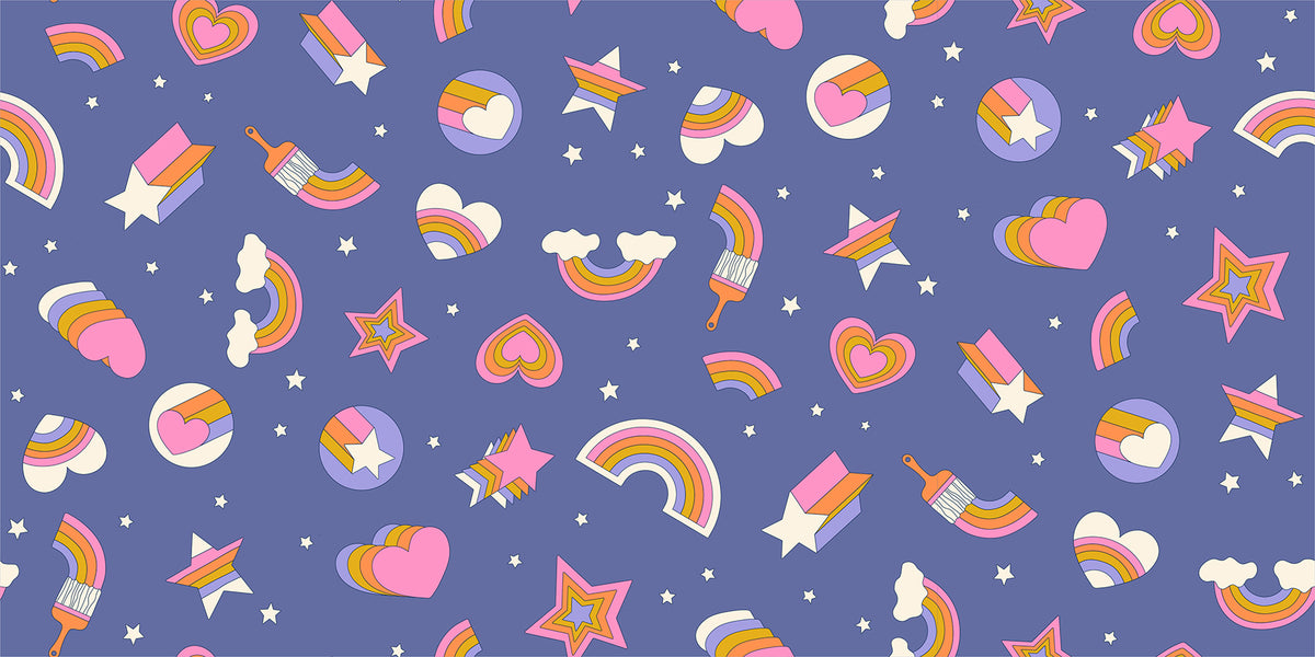 Ruby Star Society Sticker Book quilting cotton swatch (RS3121-15) with tiny tossed charms on blue, a print in the precut layer cake and charm pack