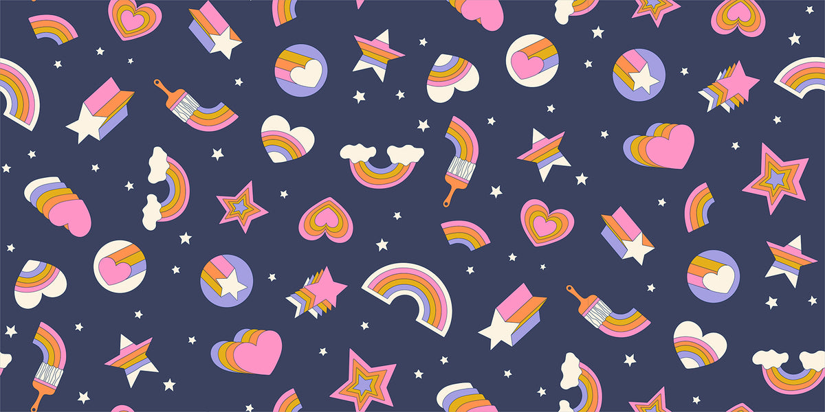 Ruby Star Society Sticker Book quilting cotton swatch (RS3121-17) with tiny tossed charms on navy, a print in the precut layer cake and charm pack