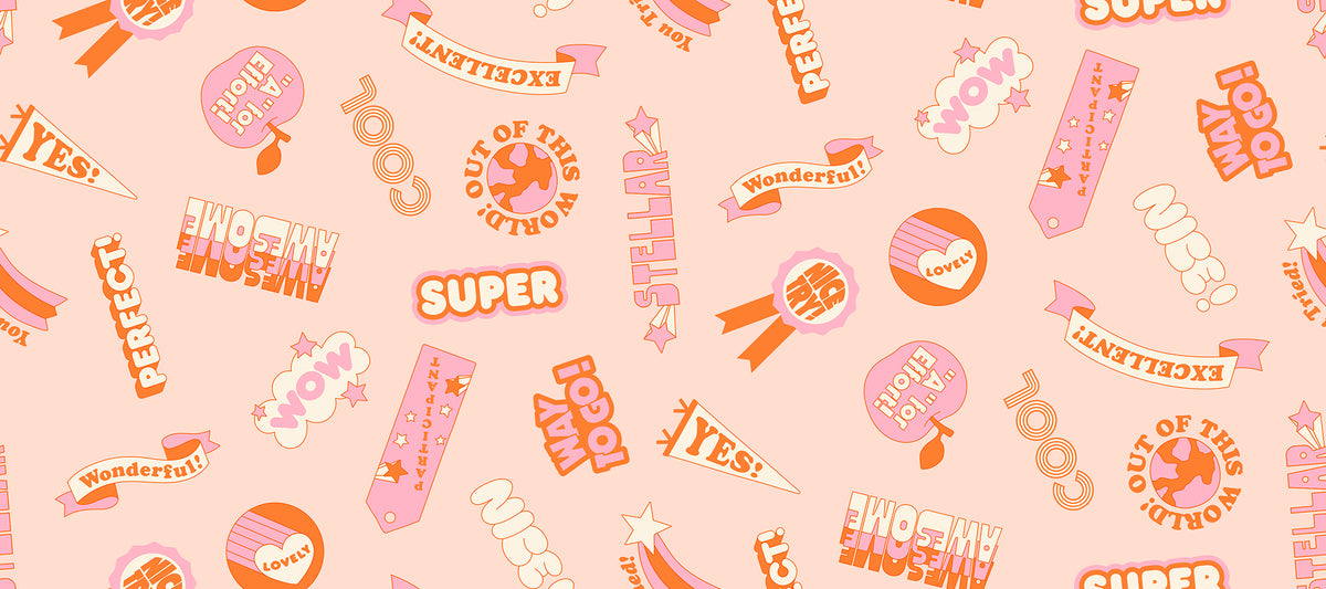 Ruby Star Society Sticker Book quilting cotton swatch (RS3122-12) with scattered stickers on peach, a print in the precut layer cake and charm pack