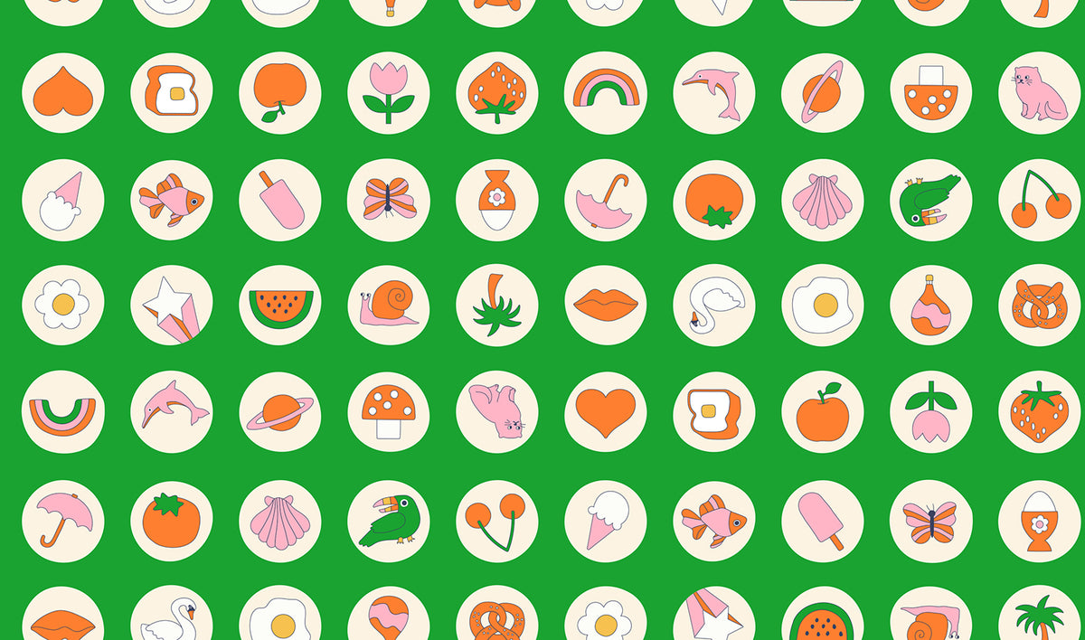 Ruby Star Society Sticker Book quilting cotton swatch (RS3123-13) with round sticker dots on green, a print in the precut layer cake and charm pack