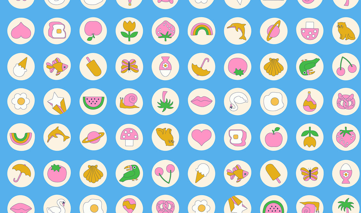 Ruby Star Society Sticker Book quilting cotton swatch (RS3123-14) with round sticker dots on sky blue, a print in the precut layer cake and charm pack