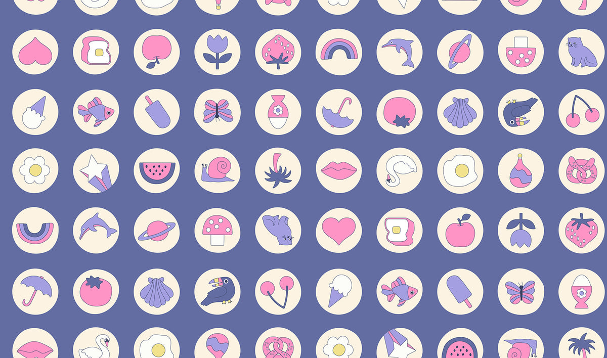 Ruby Star Society Sticker Book quilting cotton swatch (RS3123-15) with round sticker dots on periwinkle, a print in the precut layer cake and charm pack