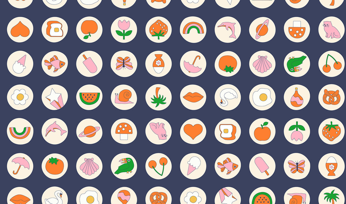 Ruby Star Society Sticker Book quilting cotton swatch (RS3123-16) with round sticker dots on navy, a print in the precut layer cake and charm pack